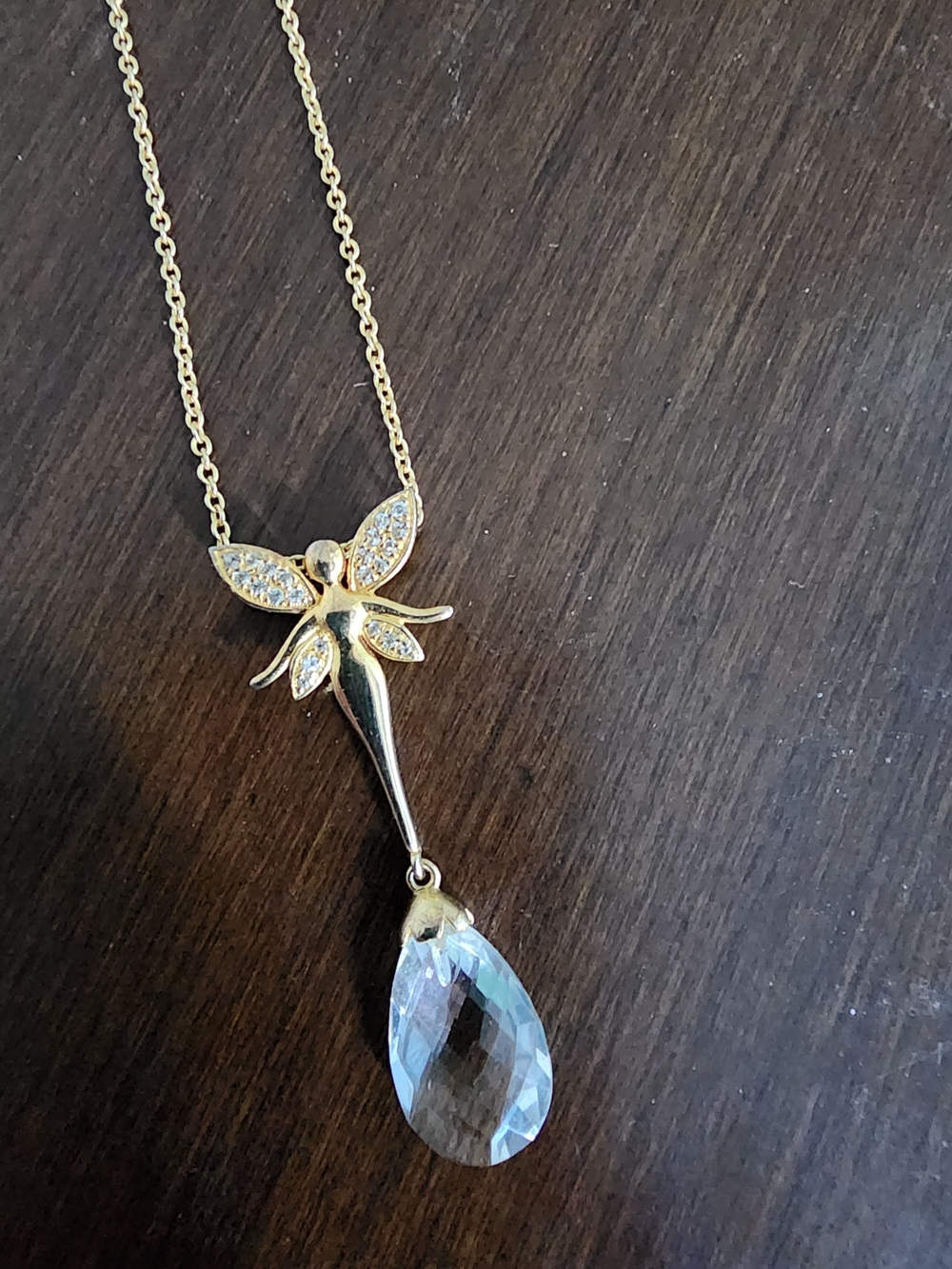 18k Gold Plated Fairy Pendant Necklace with Teardrop Quartz Crystal